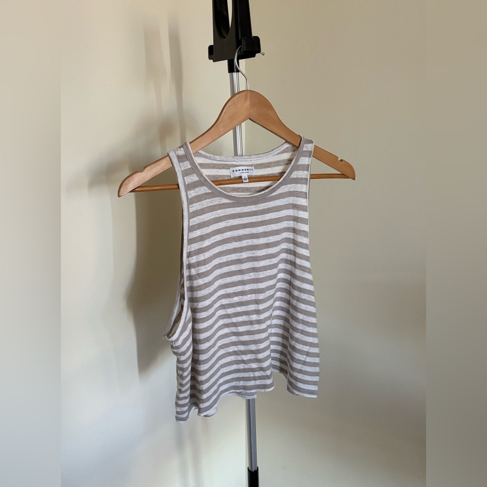 Aritzia Community Linen Taupe/White Striped Tank Top